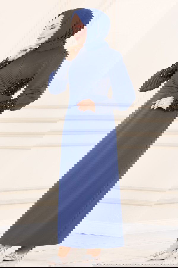 Modaselvim SEPETTE NET %20+%20 İNDİRİM Pul Detaylı Tesettür Elbise ASM2631 İndigo