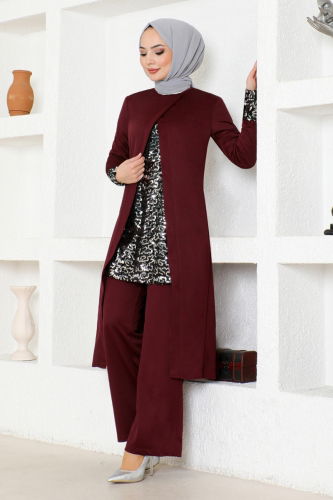 moda selvim Pul Detaylı Tesettür Kombin ASM2678-1 Bordo - Thumbnail