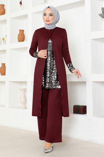 moda selvim Pul Detaylı Tesettür Kombin ASM2678-1 Bordo - Thumbnail