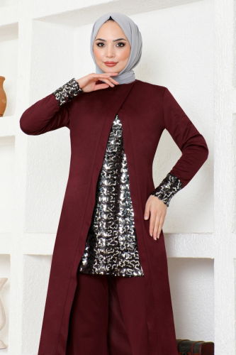 moda selvim Pul Detaylı Tesettür Kombin ASM2678-1 Bordo - Thumbnail