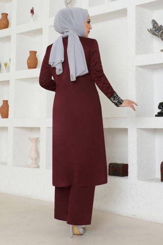 moda selvim Pul Detaylı Tesettür Kombin ASM2678-1 Bordo - Thumbnail