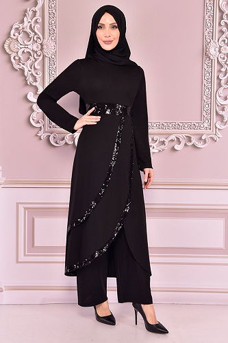 moda selvim Pul Detaylı Tesettür Takım ASM7031-M Siyah - Thumbnail