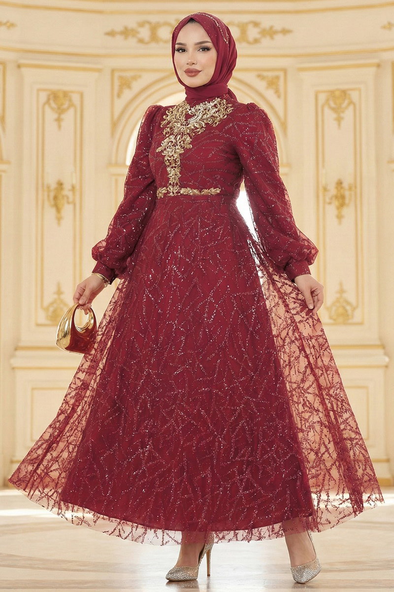 Pul Detaylı Tül Abiye 5738EDF311 Bordo