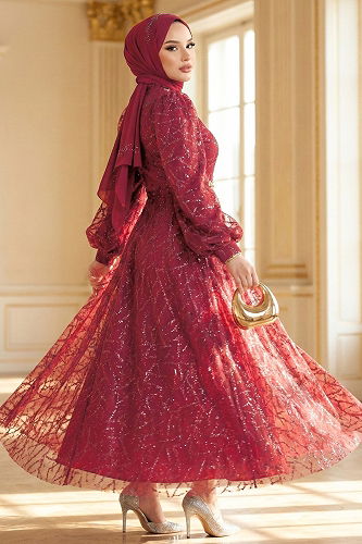 moda selvim Pul Detaylı Tül Abiye 5738EDF311 Bordo - Thumbnail