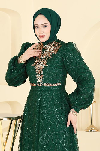 moda selvim Pul Detaylı Tül Abiye 5738EDF311 Koyu Zümrüt - Thumbnail