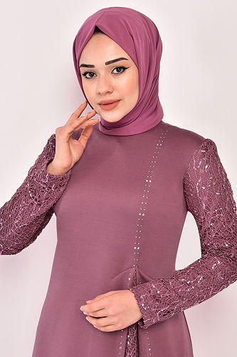 moda selvim Pul İşlemeli Abiye ASM2546-M Gül Kurusu - Thumbnail