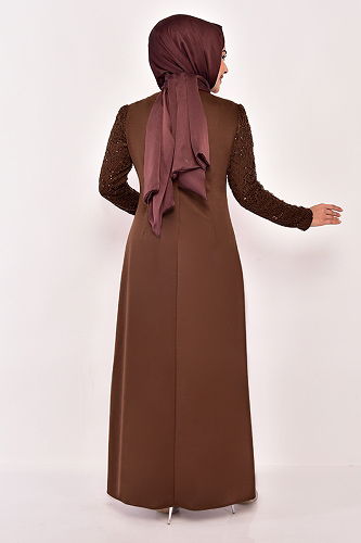 moda selvim Pul İşlemeli Abiye ASM2546-M Taba - Thumbnail