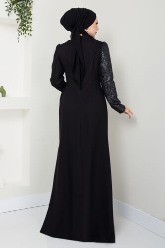 moda selvim Pul İşlemeli Abiye Elbise 2710ASMK1074 Siyah - Thumbnail