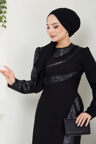 moda selvim Pul İşlemeli Abiye Elbise 2710ASMK1074 Siyah - Thumbnail