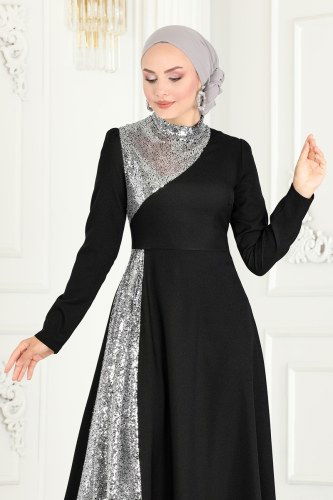 moda selvim Pul İşlemeli Abiye Elbise ASM2719 Siyah&Gümüş - Thumbnail