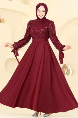 E.D.F. - Pul İşlemeli Saten Abiye 5670EDF311 Bordo