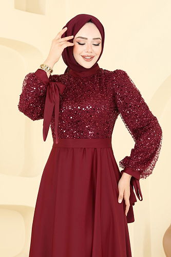 moda selvim Pul İşlemeli Saten Abiye 5670EDF311 Bordo - Thumbnail