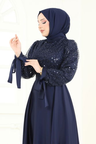 moda selvim Pul İşlemeli Saten Abiye 5670EDF311 Laci - Thumbnail
