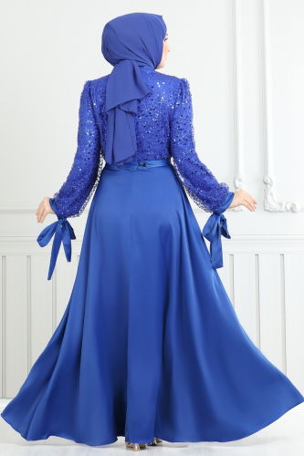moda selvim Pul İşlemeli Saten Abiye 5670EDF311 Saks - Thumbnail
