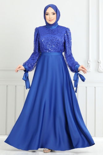 moda selvim Pul İşlemeli Saten Abiye 5670EDF311 Saks - Thumbnail