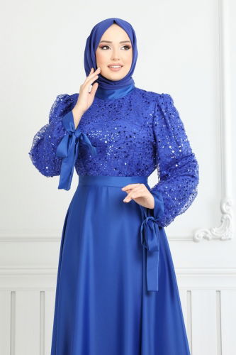 moda selvim Pul İşlemeli Saten Abiye 5670EDF311 Saks - Thumbnail