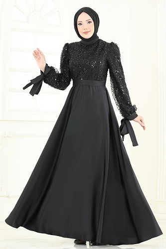 moda selvim Pul İşlemeli Saten Abiye 5670EDF311 Siyah - Thumbnail