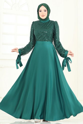 moda selvim Pul İşlemeli Saten Abiye 5670EDF311 Zümrüt - Thumbnail