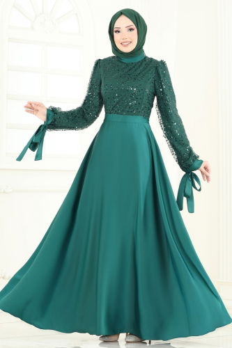 moda selvim Pul İşlemeli Saten Abiye 5670EDF311 Zümrüt - Thumbnail