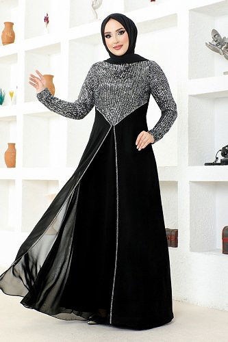 moda selvim Pul İşlemeli Şifon Abiye MSL52883 Siyah - Thumbnail