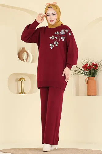 moda selvim Pul İşlemeli Triko Takım 1101MT581 Bordo - Thumbnail