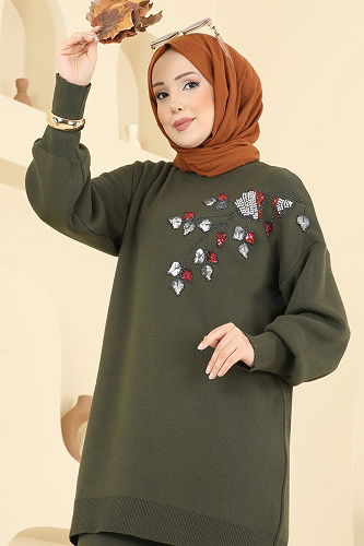 moda selvim Pul İşlemeli Triko Takım 1101MT581 Haki - Thumbnail