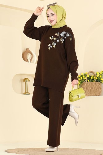 moda selvim Pul İşlemeli Triko Takım 1101MT581 Kahve - Thumbnail