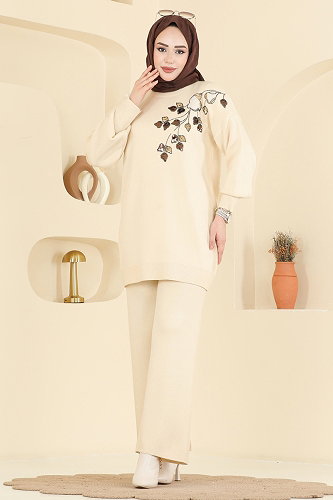 moda selvim Pul İşlemeli Triko Takım 1101MT581 Taş - Thumbnail