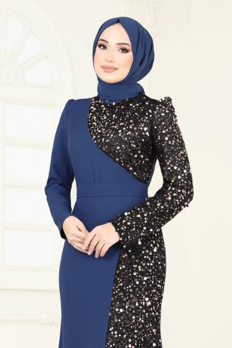 moda selvim Pul Payet Detay Abiye Elbise 2777ASMK1074 İndigo - Thumbnail