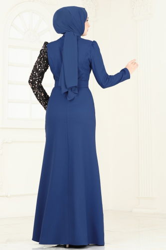moda selvim Pul Payet Detay Abiye Elbise 2777ASMK1074 İndigo - Thumbnail