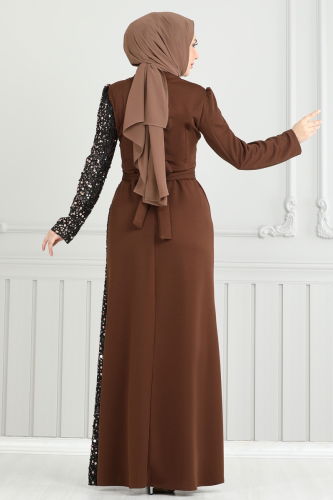 moda selvim Pul Payet Detay Abiye Elbise 2777ASMK1074 Kahve - Thumbnail
