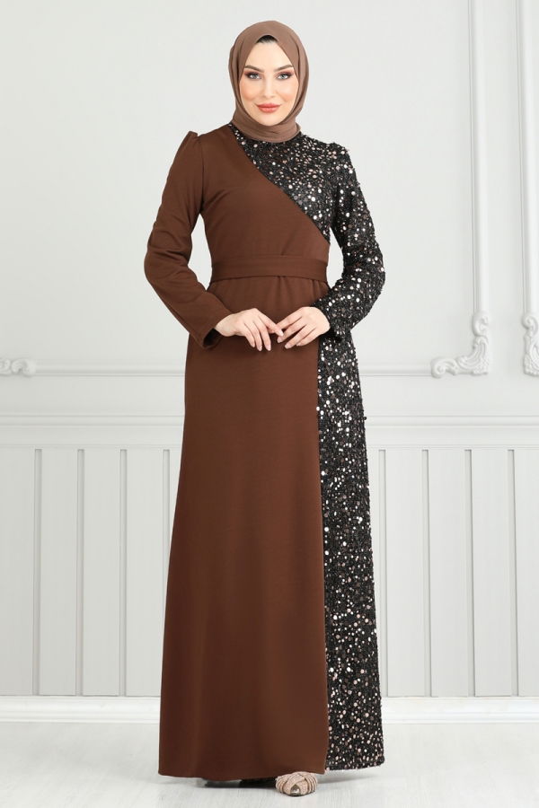 Modaselvim KURBAN BAYRAMI İNDİRİMİ Pul Payet Detay Abiye Elbise 2777ASMK1074 Kahve