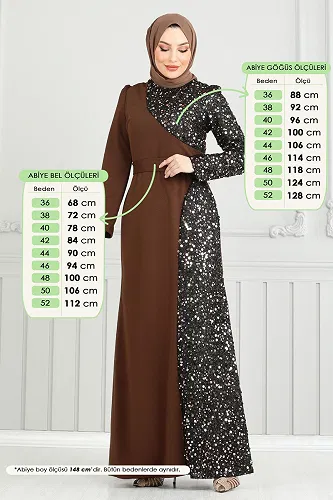 moda selvim Pul Payet Detay Abiye Elbise 2777ASMK1074 Kahve - Thumbnail