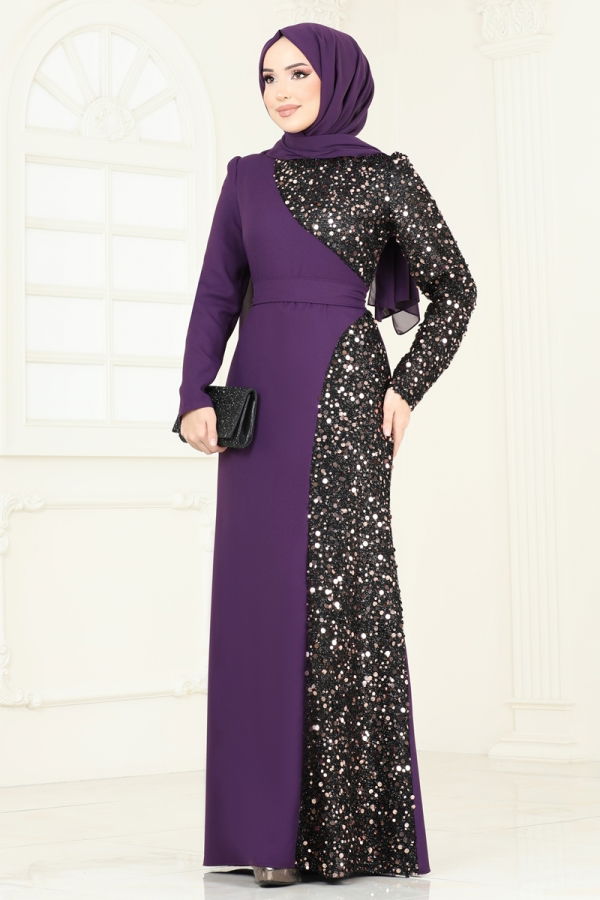 Modaselvim BAHAR İNDİRİMLERİ Pul Payet Detay Abiye Elbise 2777ASMK1074 Mor