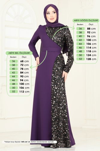 moda selvim Pul Payet Detay Abiye Elbise 2777ASMK1074 Mor - Thumbnail
