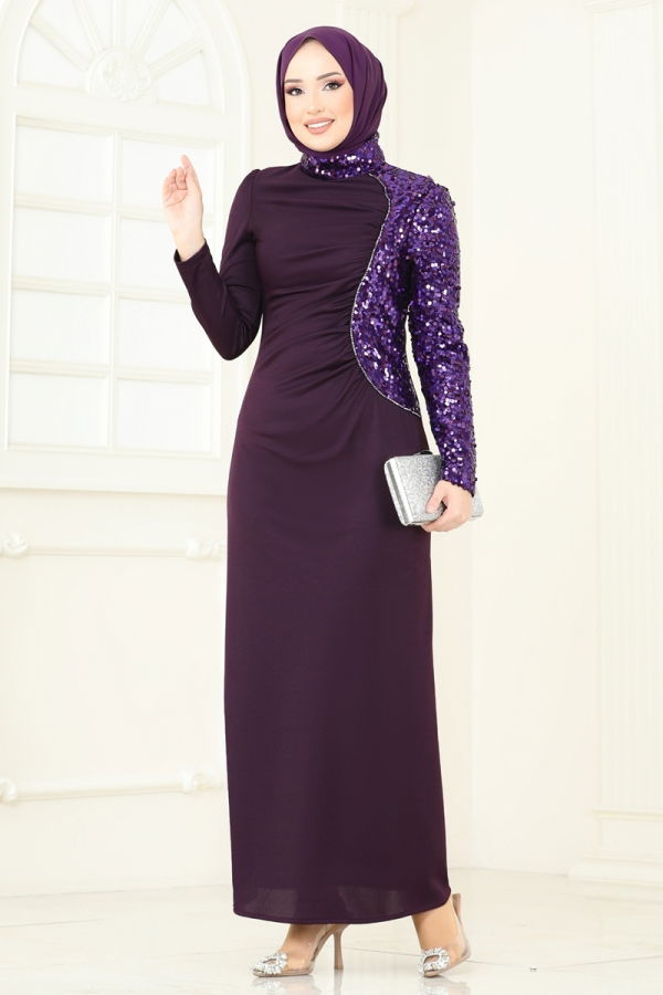 Modaselvim BAHAR İNDİRİMLERİ Pul Payet Detay Abiye Elbise 2790ASMK1074 Mor