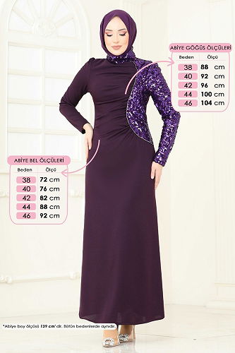 moda selvim Pul Payet Detay Abiye Elbise 2790ASMK1074 Mor - Thumbnail