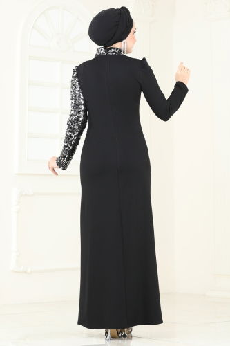 moda selvim Pul Payet Detay Abiye Elbise 2790ASMK1074 Siyah - Thumbnail