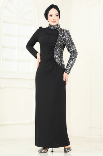 moda selvim Pul Payet Detay Abiye Elbise 2790ASMK1074 Siyah - Thumbnail