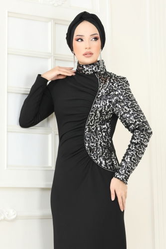 moda selvim Pul Payet Detay Abiye Elbise 2790ASMK1074 Siyah - Thumbnail