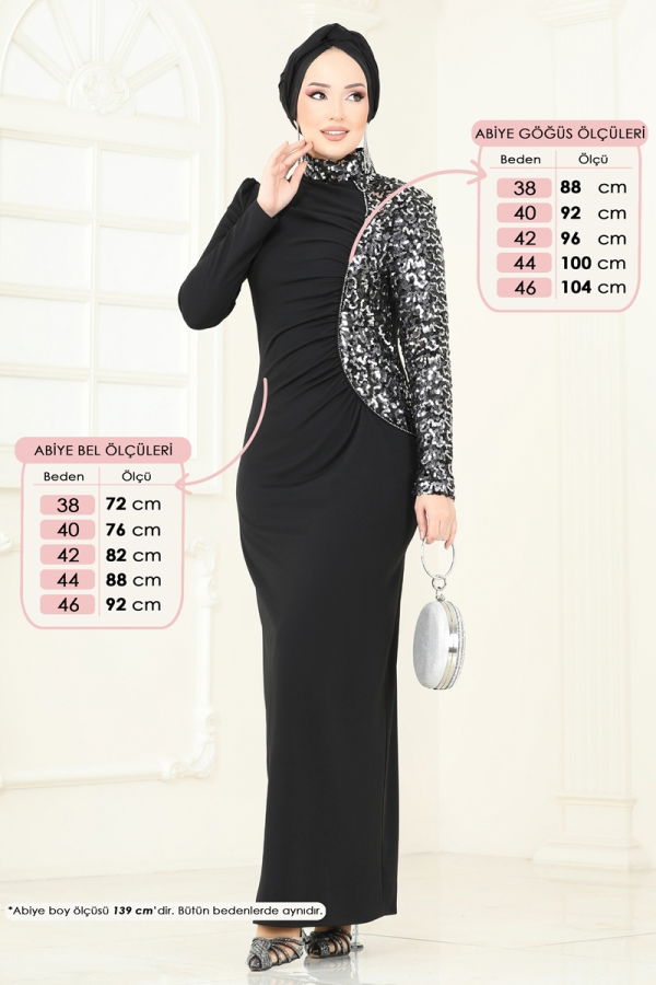 Modaselvim KURBAN BAYRAMI İNDİRİMİ Pul Payet Detay Abiye Elbise 2790ASMK1074 Siyah