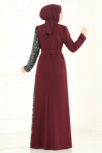 moda selvim Pul Payet Detay Abiye Elbise 2808ASMK1074 Bordo - Thumbnail