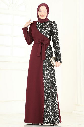 moda selvim Pul Payet Detay Abiye Elbise 2808ASMK1074 Bordo - Thumbnail