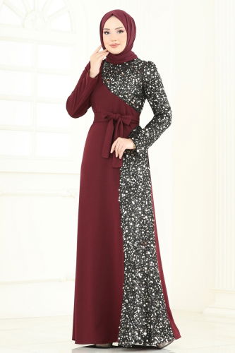 moda selvim Pul Payet Detay Abiye Elbise 2808ASMK1074 Bordo - Thumbnail