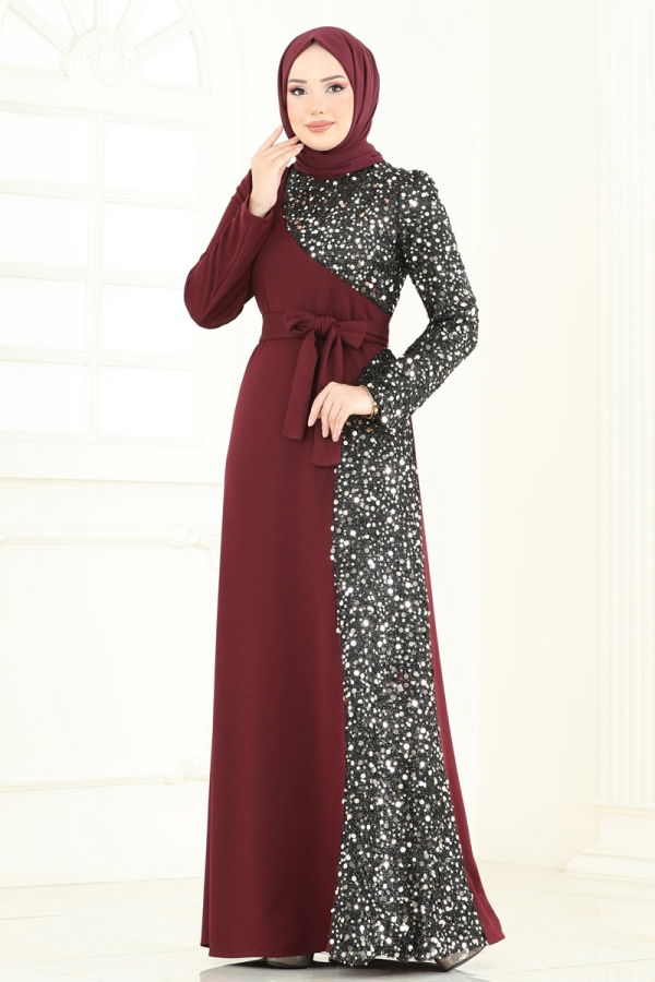 Modaselvim ABİYE Pul Payet Detay Abiye Elbise 2808ASMK1074 Bordo
