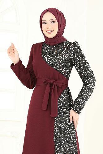 moda selvim Pul Payet Detay Abiye Elbise 2808ASMK1074 Bordo - Thumbnail