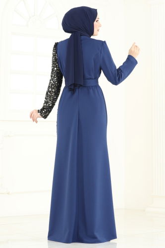 moda selvim Pul Payet Detay Abiye Elbise 2808ASMK1074 İndigo - Thumbnail