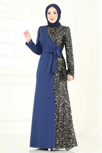 moda selvim Pul Payet Detay Abiye Elbise 2808ASMK1074 İndigo - Thumbnail