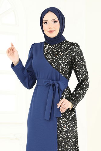 moda selvim Pul Payet Detay Abiye Elbise 2808ASMK1074 İndigo - Thumbnail
