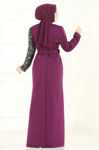 moda selvim Pul Payet Detay Abiye Elbise 2808ASMK1074 Mor - Thumbnail